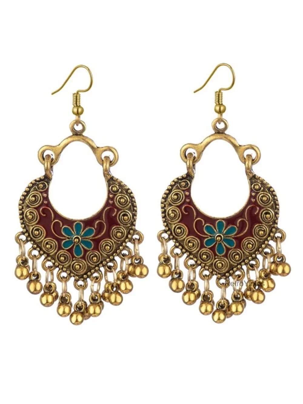 Vintage Boho Drop Dangle Earrings, Plated Base Metal, Wood Bead, Handmade